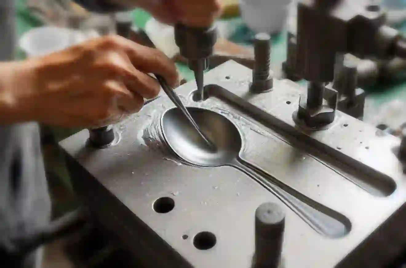 A craftsman is making production molds for custom stainless steel kitchen utensils