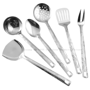 Cat tail pattern handle one-piece stainless steel kitchen utensils against white background