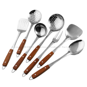 New wooden handles stainless steel kitchen cooking utensils set against white background