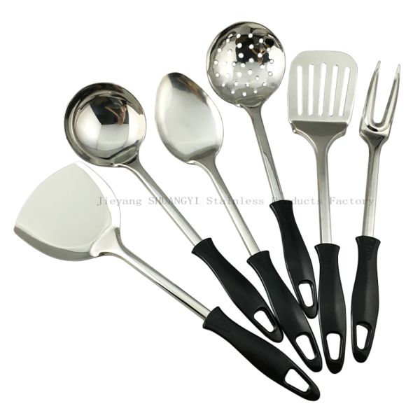 Set of stainless steel kitchen utensils or cooking utensils with ergonomic bakelite handles arranged in a fan viewed against white background