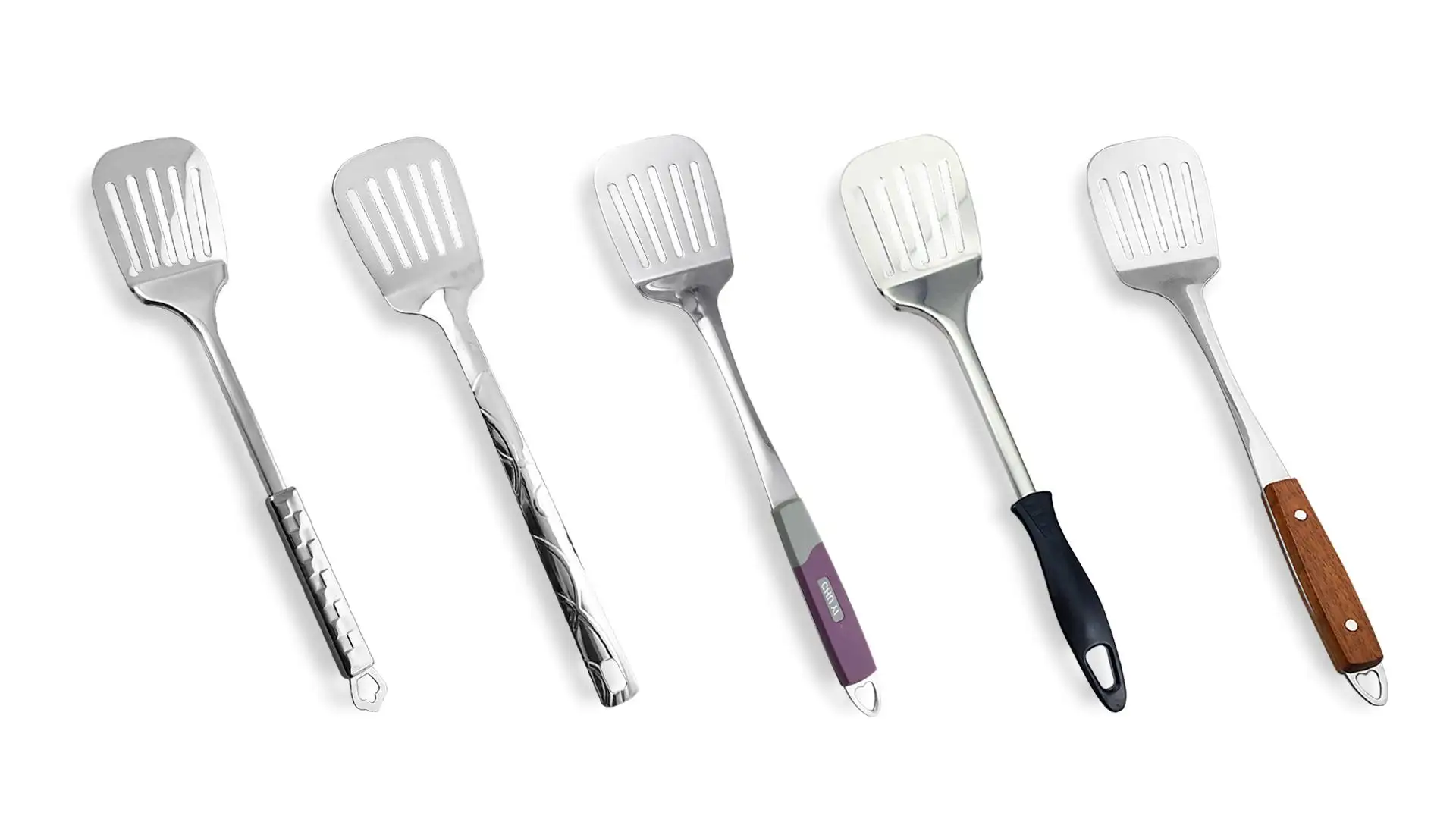 Stainless steel slotted spatula with different handle against white background