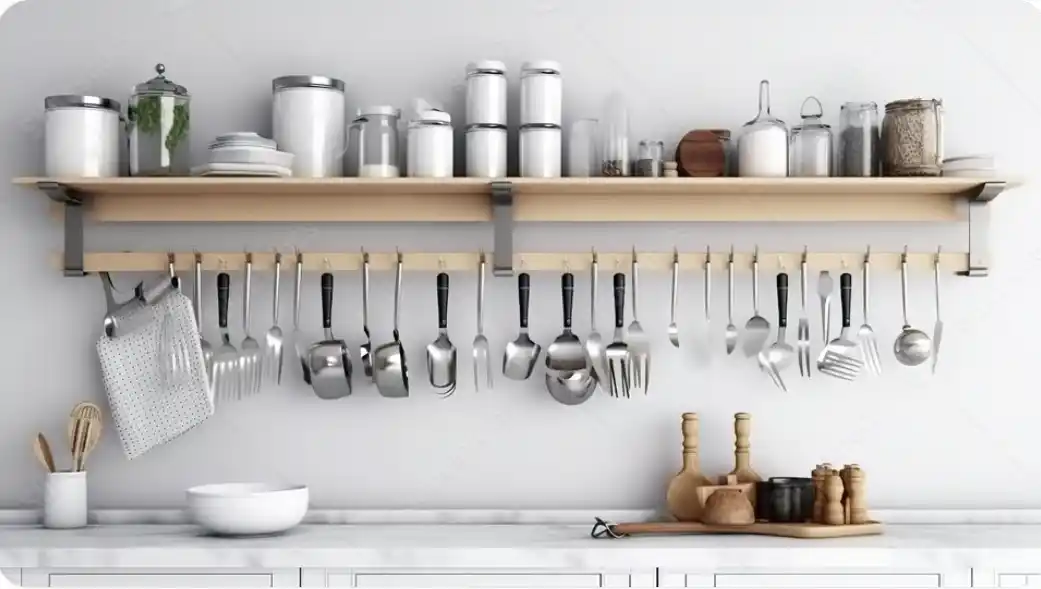 Storage jars on floating shelves and utensils hang on wall-mounted racks