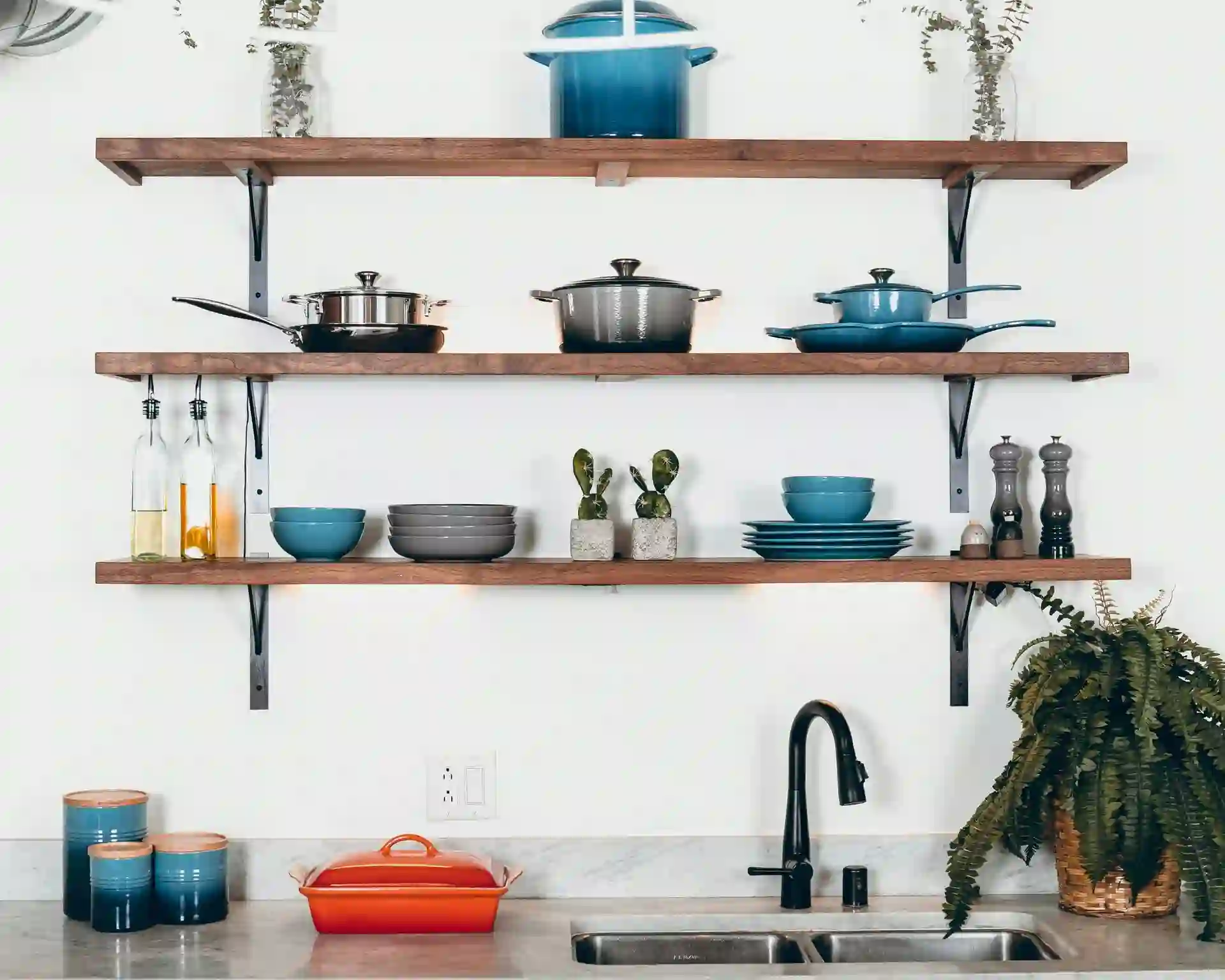 Cookware set on floating shelves