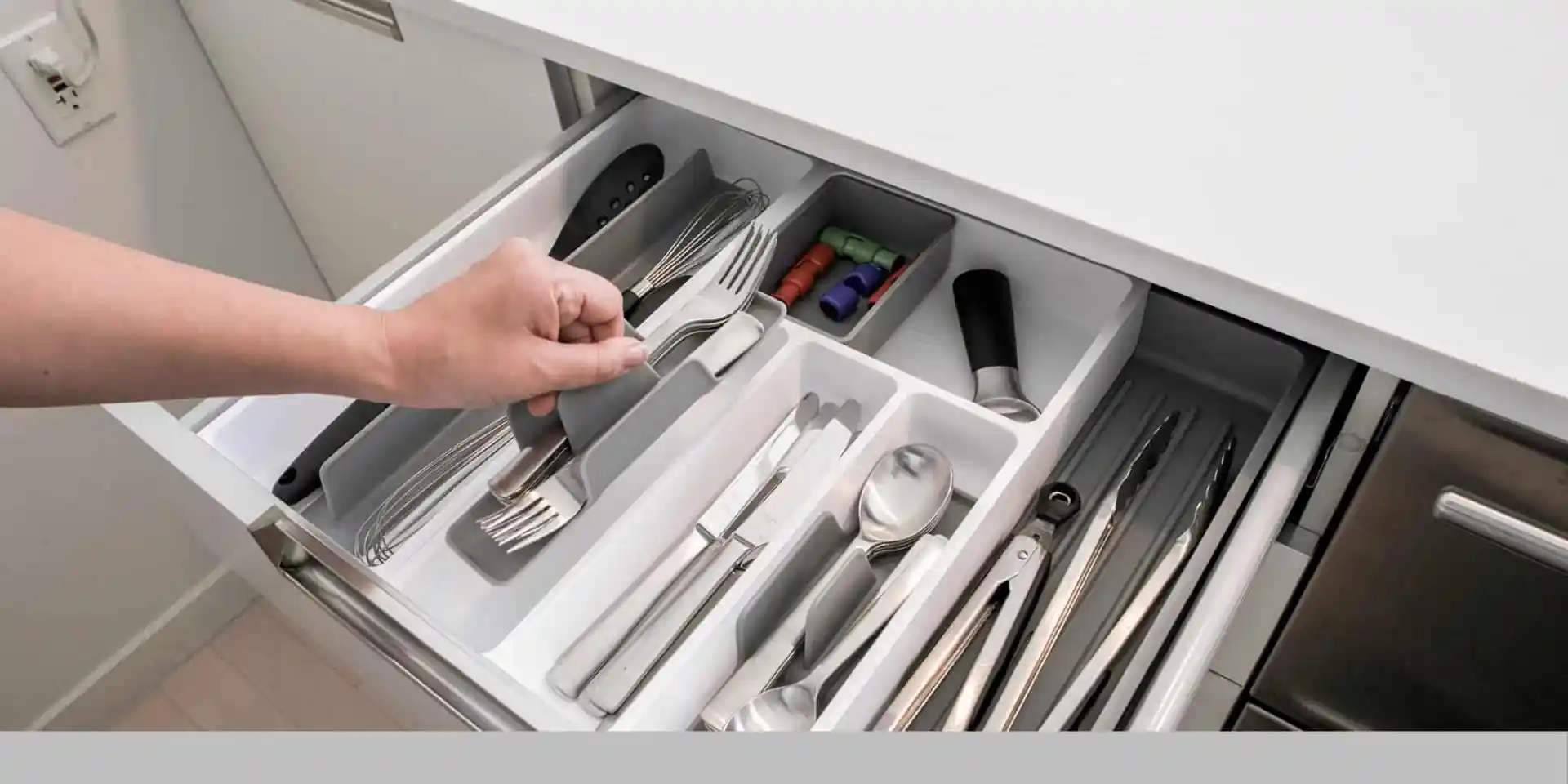 Person hand put the individual insert with the silver utensils into the kitchen drawer