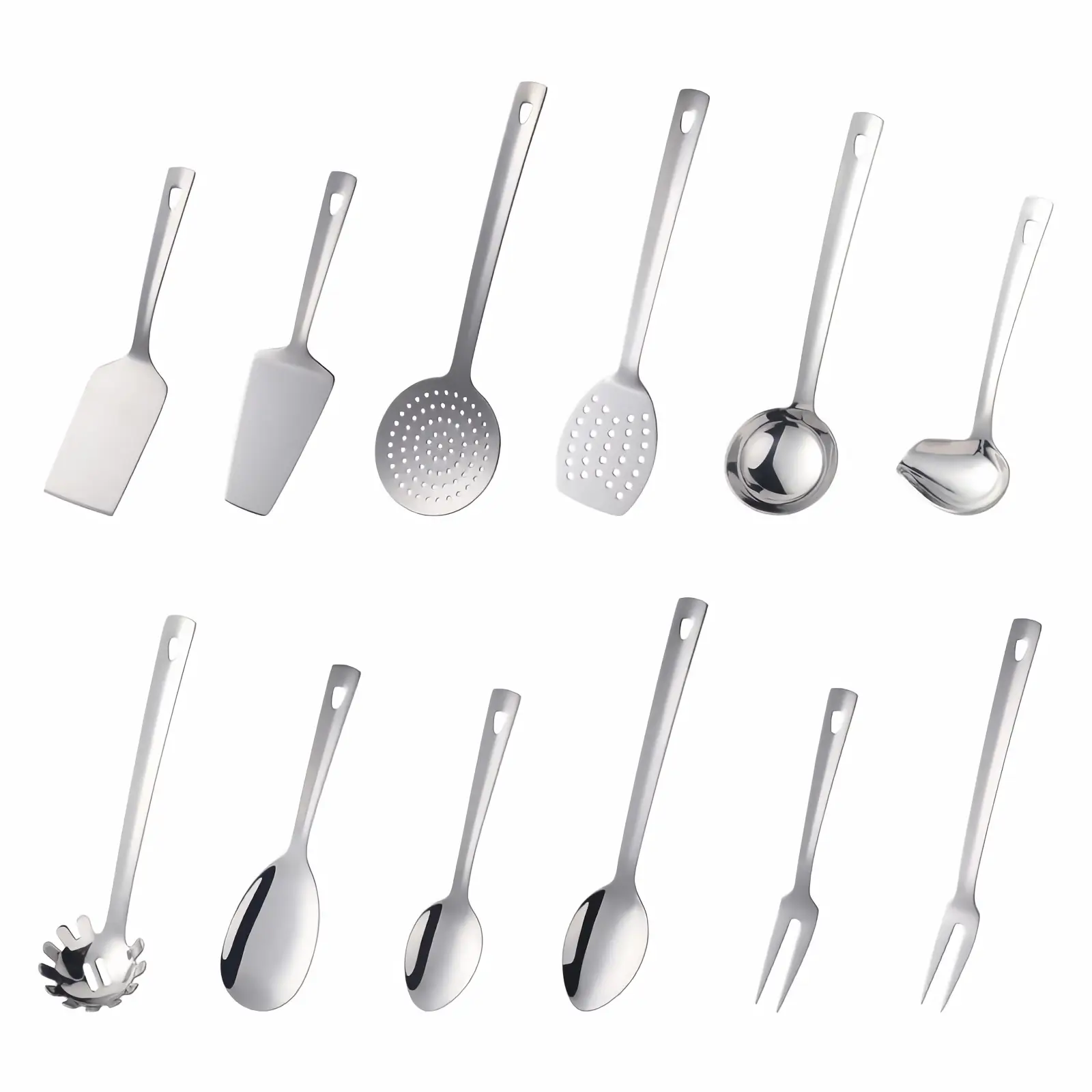 One-piece stainless steel kitchen utensils against white background