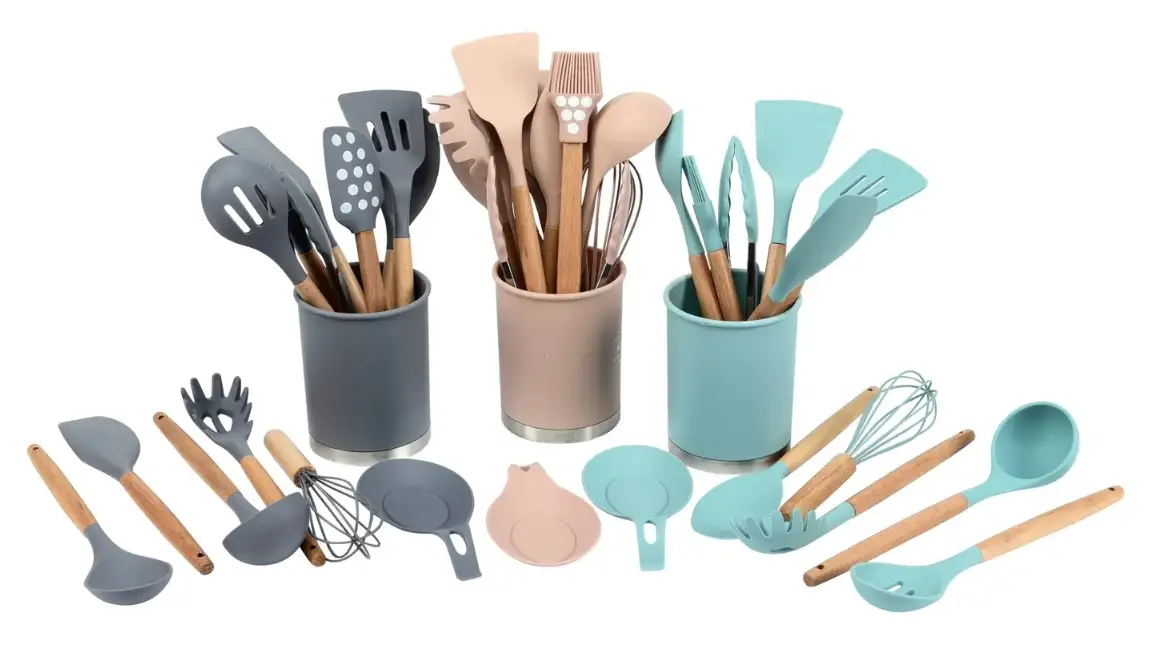 Three sets of silicone cooking utensils against white background