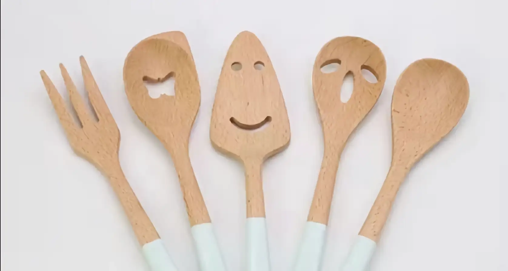 Bamboo kitchen utensils with cute face shaped