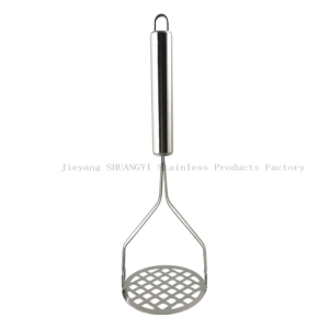 A piece of stainless steel potato masher against white background