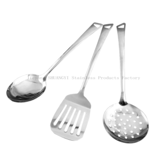 Stainless steel serving utensils set 3 piece against white background