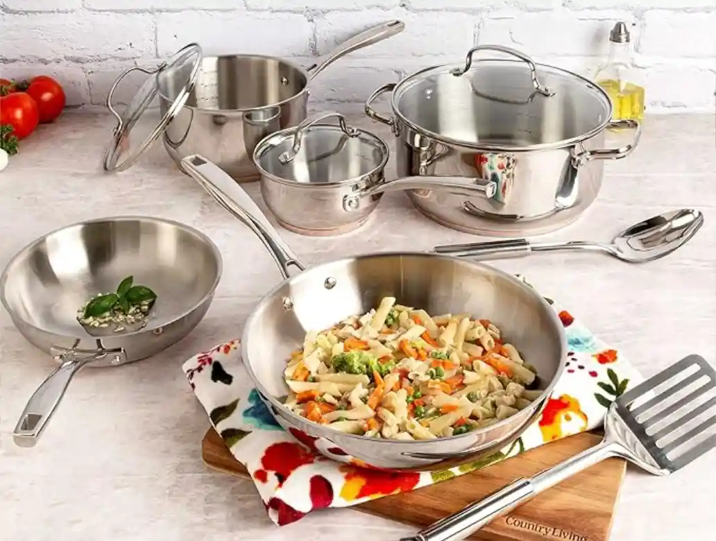 Stainless steel kitchen utensils and cookware on the tabletop