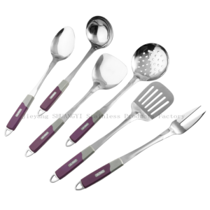 Purple and grey plastic handle stainless steel cooking utensils set for kitchen against white background