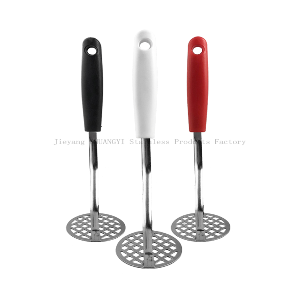 Manual potato masher with ergonomic ABS handle, stainless steel kitchen utensils for arthritic hands against white background